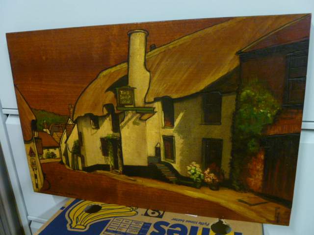 Goede Schilderij op houten plank, mooi uitgevoerd, The Ship Inn, Porlock UY-98