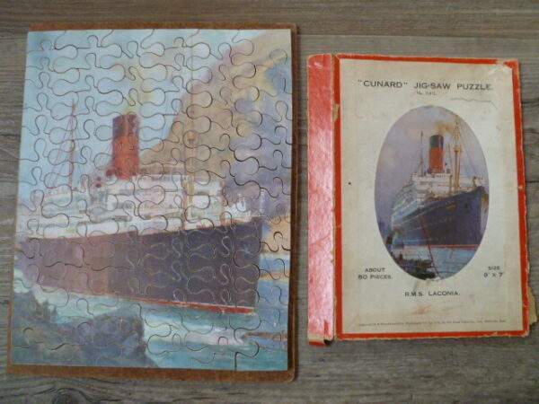 Oude puzzel hout "Cunard" stoomboot, compleet