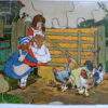 Oude puzzel, 2 meisjes voeren kippen