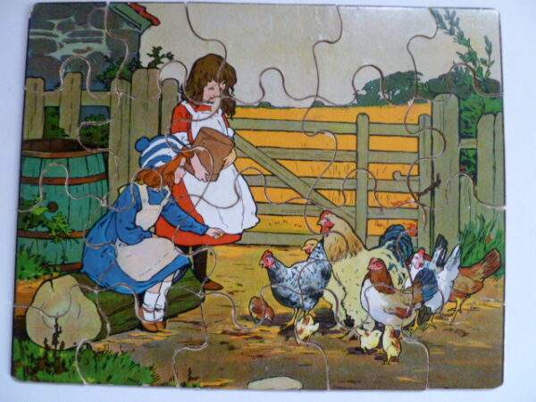 Oude puzzel, 2 meisjes voeren kippen